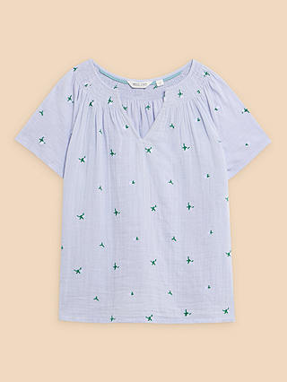 White Stuff Luella Floral Embroidery Cotton T-Shirt, Mid Blue/Multi