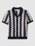 Reiss Kids' Waves Knit Cuban Collar Shirt, Blue/Multi