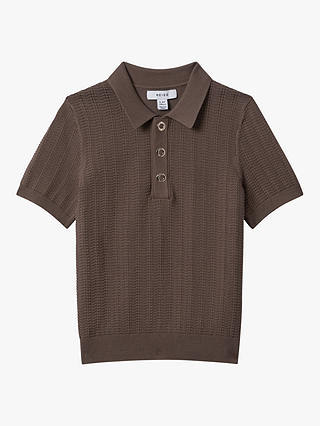 Reiss Kids' Pascoe Textured Half Button Polo Shirt, Pecan Brown