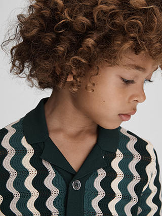 Reiss Kids' Waves Knit Cuban Collar Shirt, Green/Multi