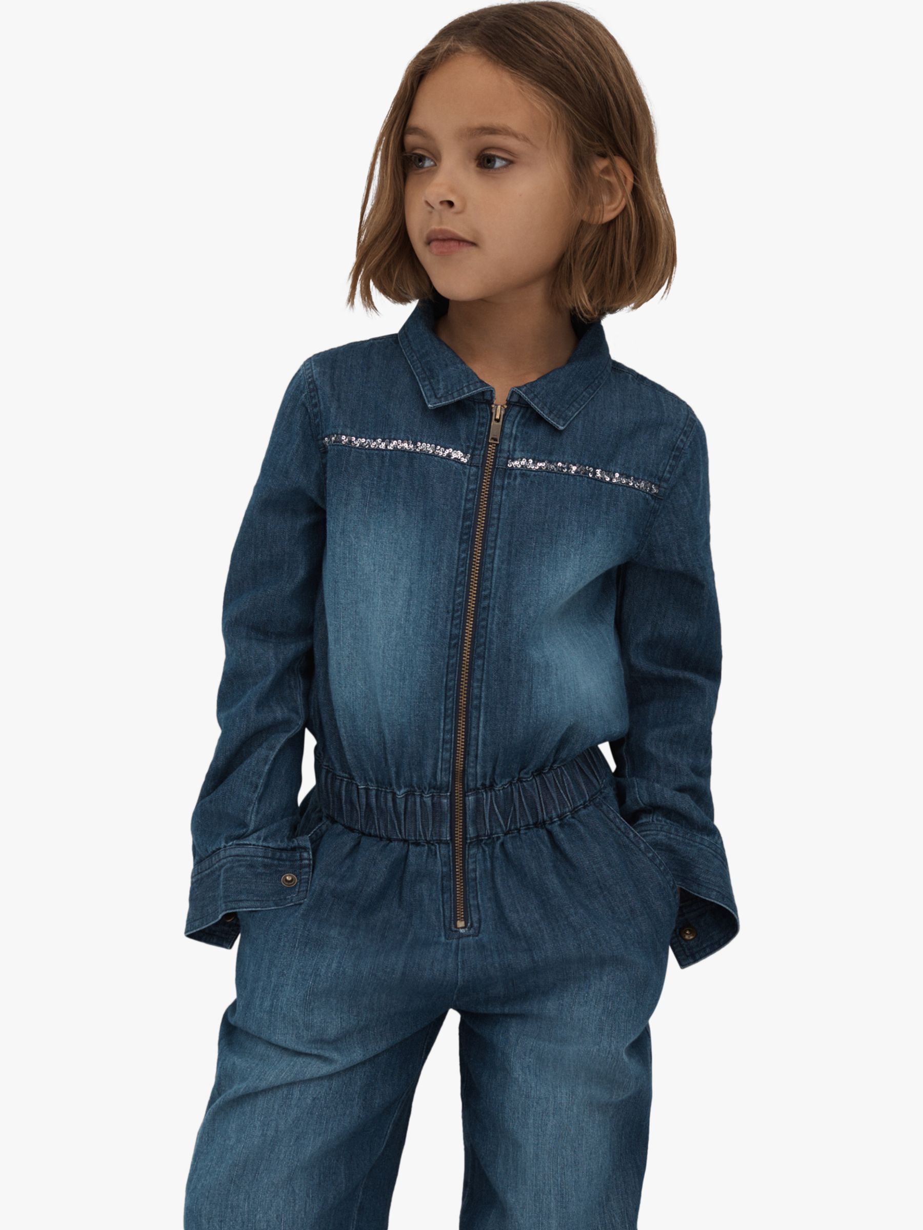Reiss Kids' Marnie Elasticated Embellished Denim Jumpsuit, Blue, 9-10 years