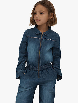 Reiss Kids' Marnie Elasticated Embellished Denim Jumpsuit, Blue