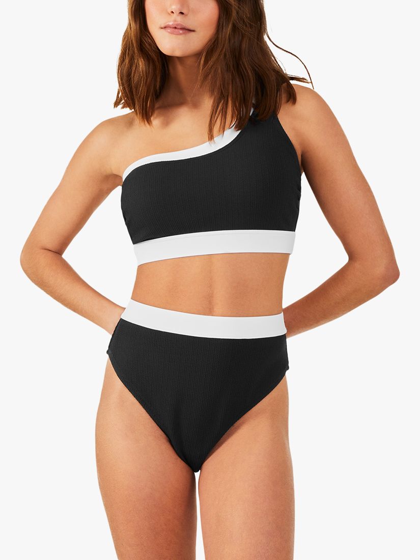 Accessorize Contrast Trim Textured One Shoulder Bikini Top, Black/White, 8