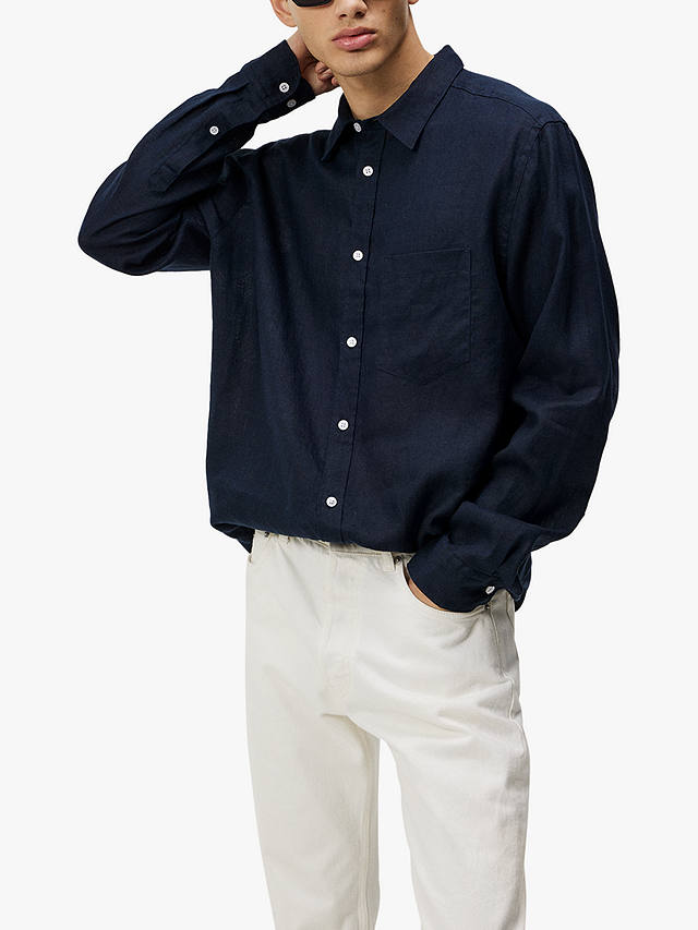 J.Lindeberg Regular Fit Long Sleeve Linen Shirt, Navy