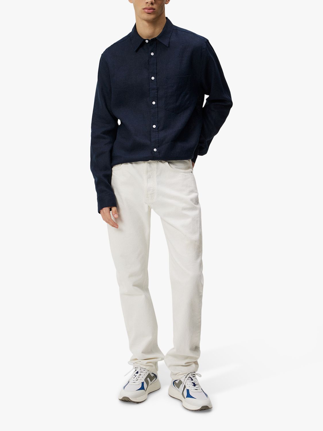 J.Lindeberg Regular Fit Long Sleeve Linen Shirt, Navy, M