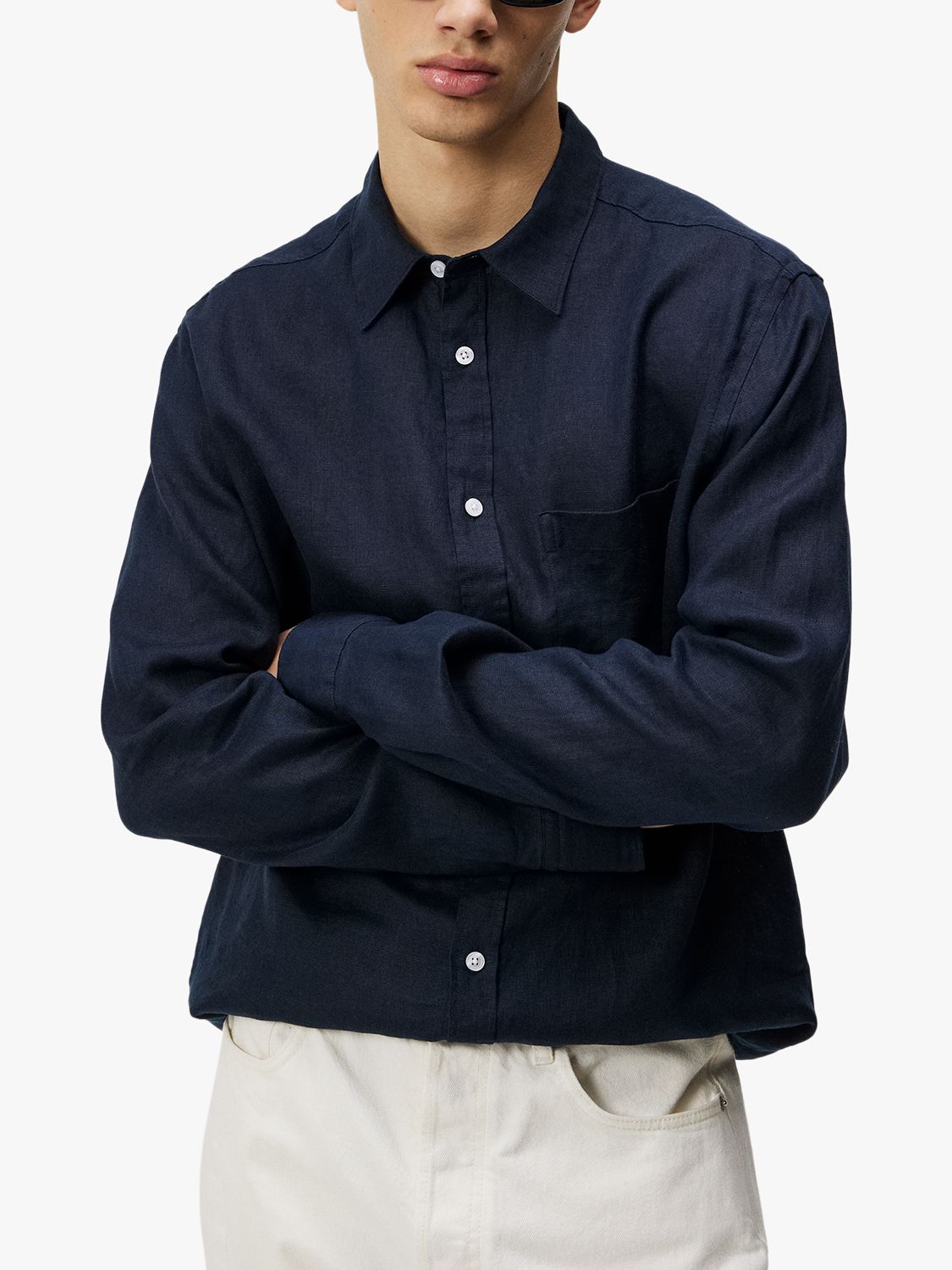 J.Lindeberg Regular Fit Long Sleeve Linen Shirt, Navy, M