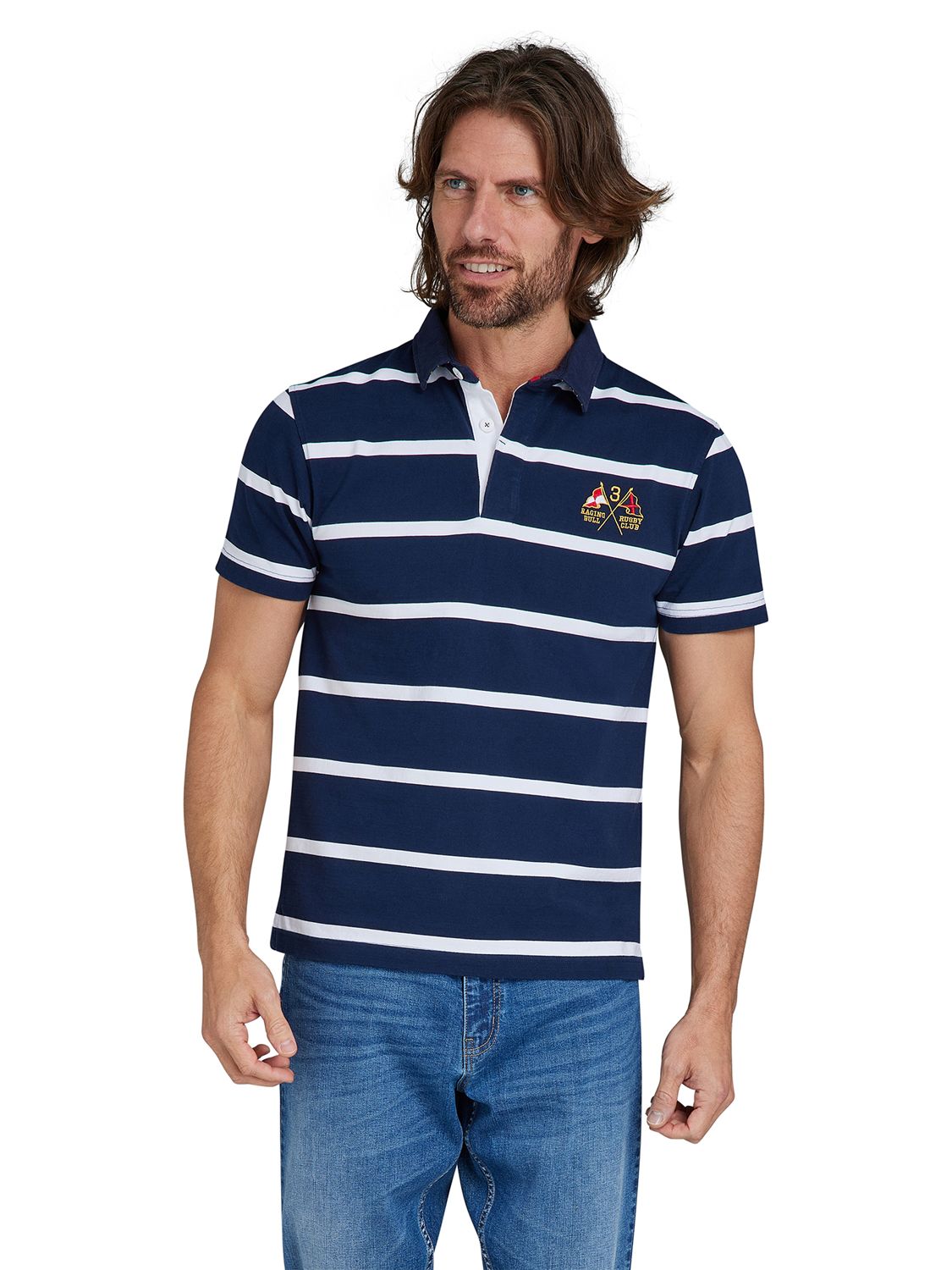 Raging Bull Short Sleeve Fine Stripe Rugby Top, Navy/White, XL
