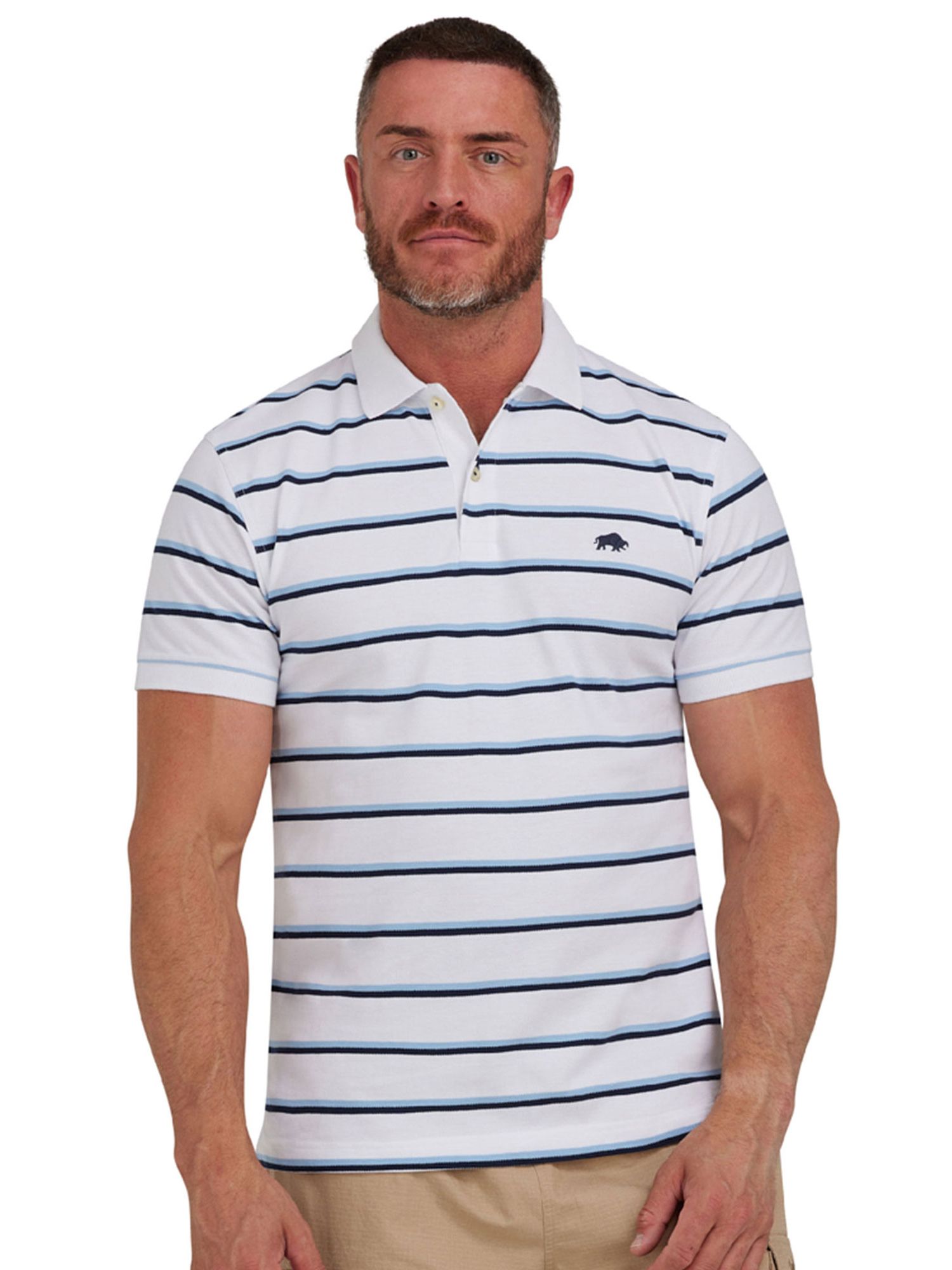 Raging Bull Trio Stripe Pique Polo Shirt, White/Blue, L