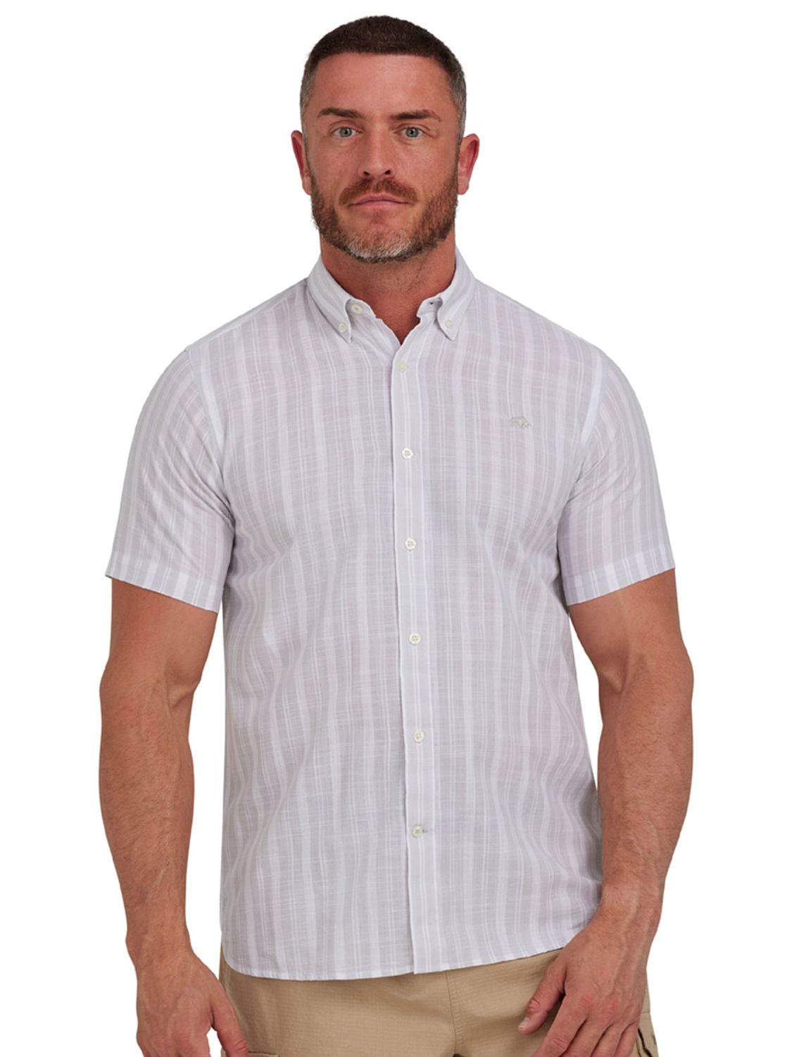 Raging Bull Short Sleeve Multi Stripe Linen Look Shirt, Grey, XL