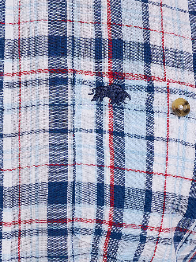 Raging Bull Short Sleeve Large Multi Check Linen Look Shirt, Navy/Multi