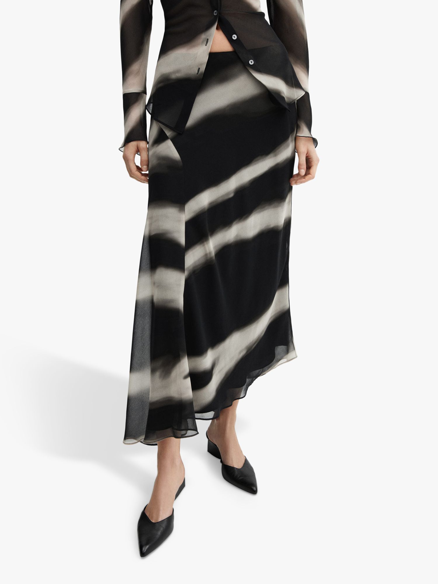 Mango Allegra Abstract Stripe Asymmetric Maxi Skirt, Black/Cream, XL