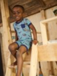 Hatley Kids' Broken Dino Stamp Shorts Pyjama Set, Blue Heaven