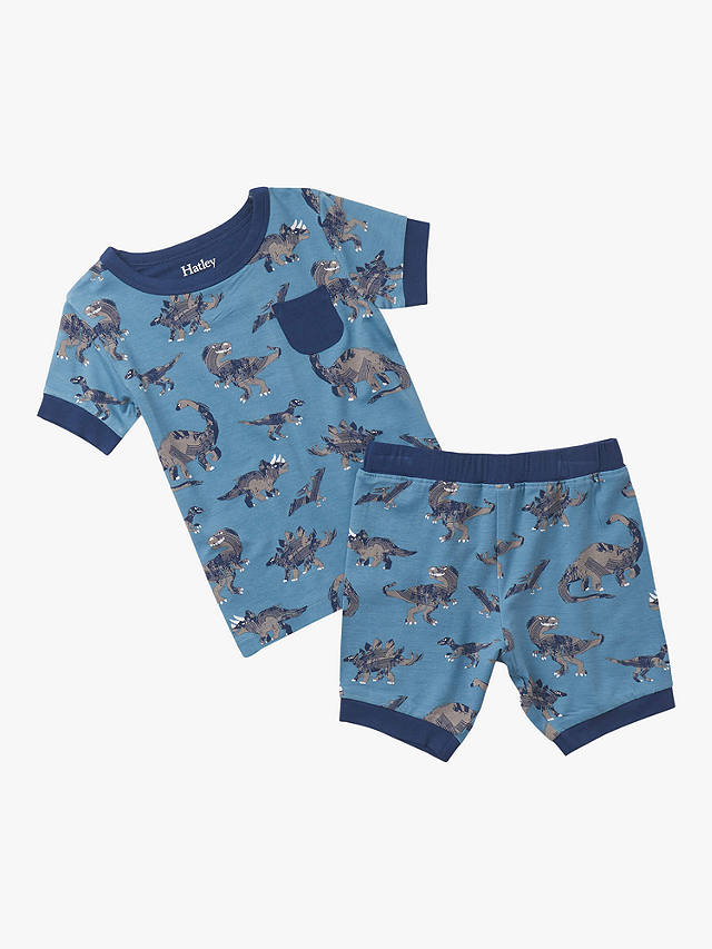 Hatley Kids' Broken Dino Stamp Shorts Pyjama Set, Blue Heaven