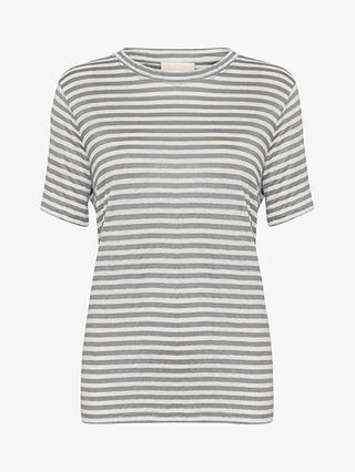 MY ESSENTIAL WARDROBE Lisa Striped Cotton Linen Blend T-Shirt, Frost Gray/Ecru