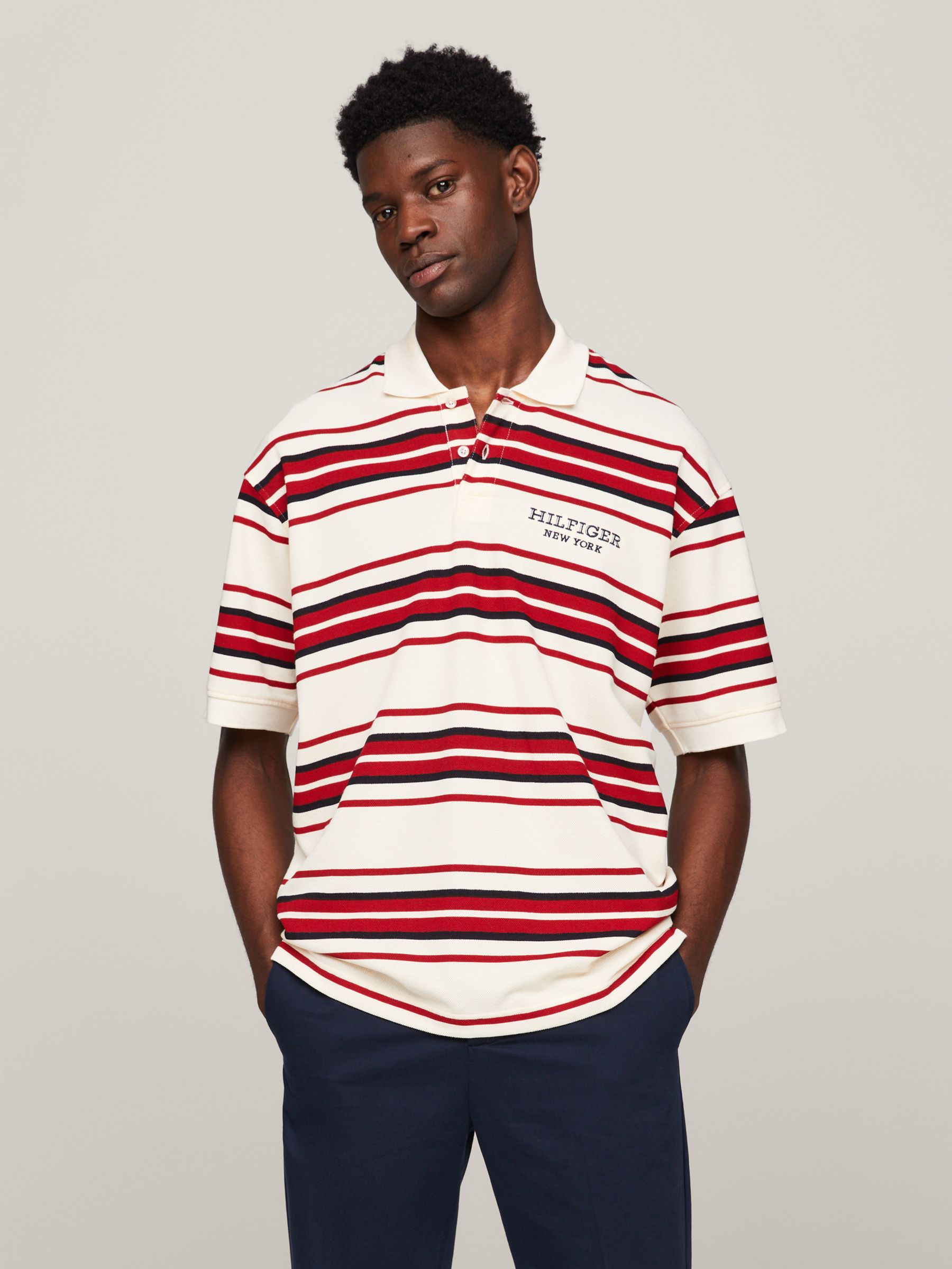 Tommy Hilfiger Stripe Short Sleeve Polo Top, Calico, L