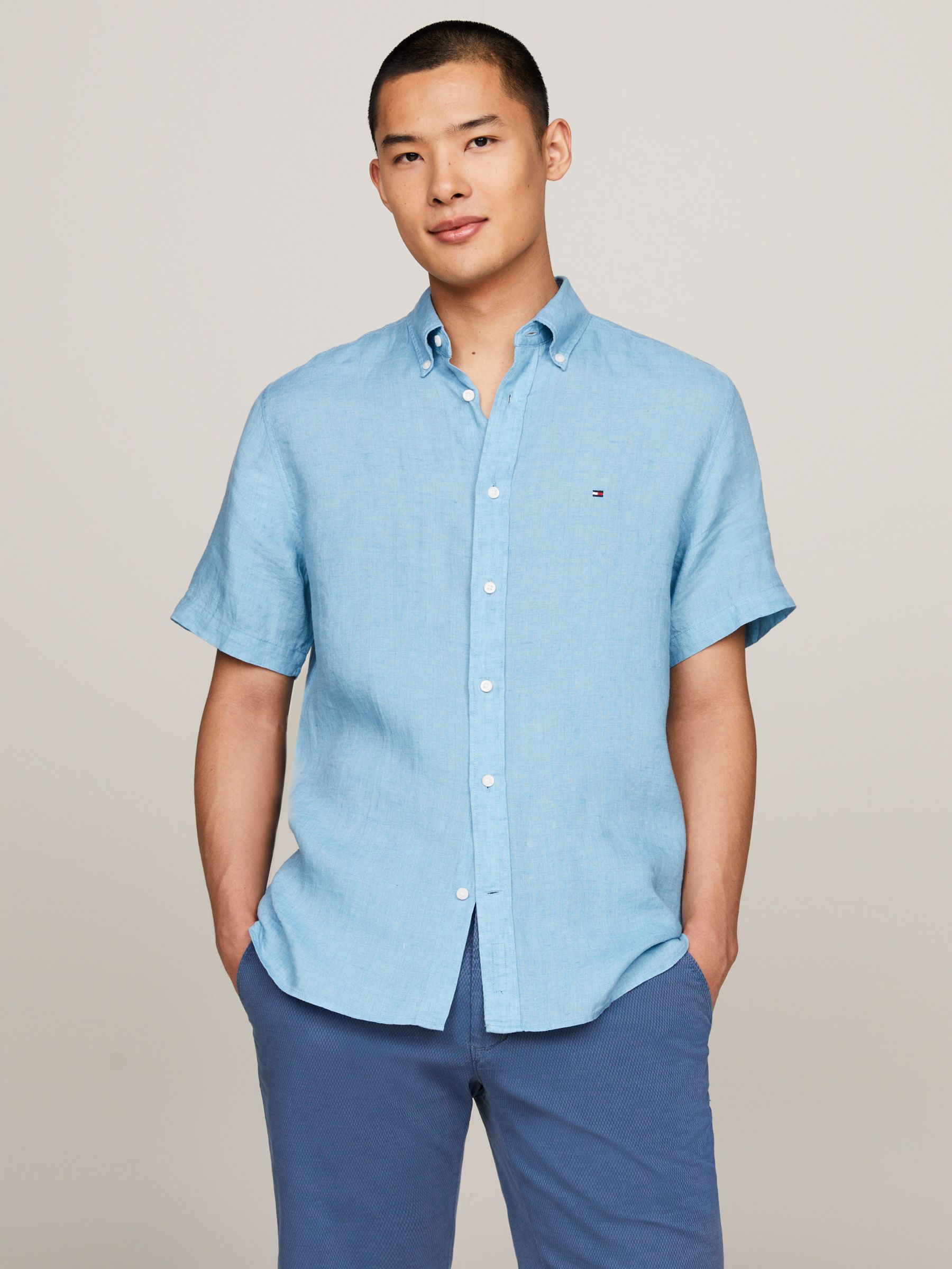 Tommy Hilfiger Pigment Dyed Linen Short Sleeve Shirt, Sleepy Blue, XXXL