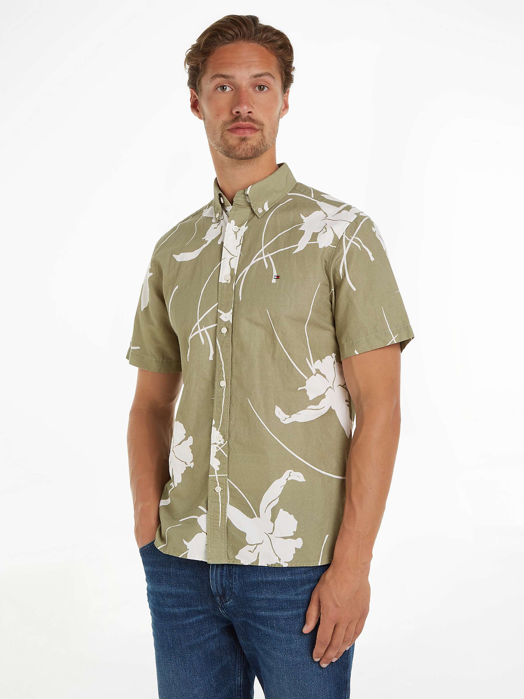 Buy Tommy Hilfiger Tropical Print Short Sleeve Shirt, Olive/White Online at johnlewis.com