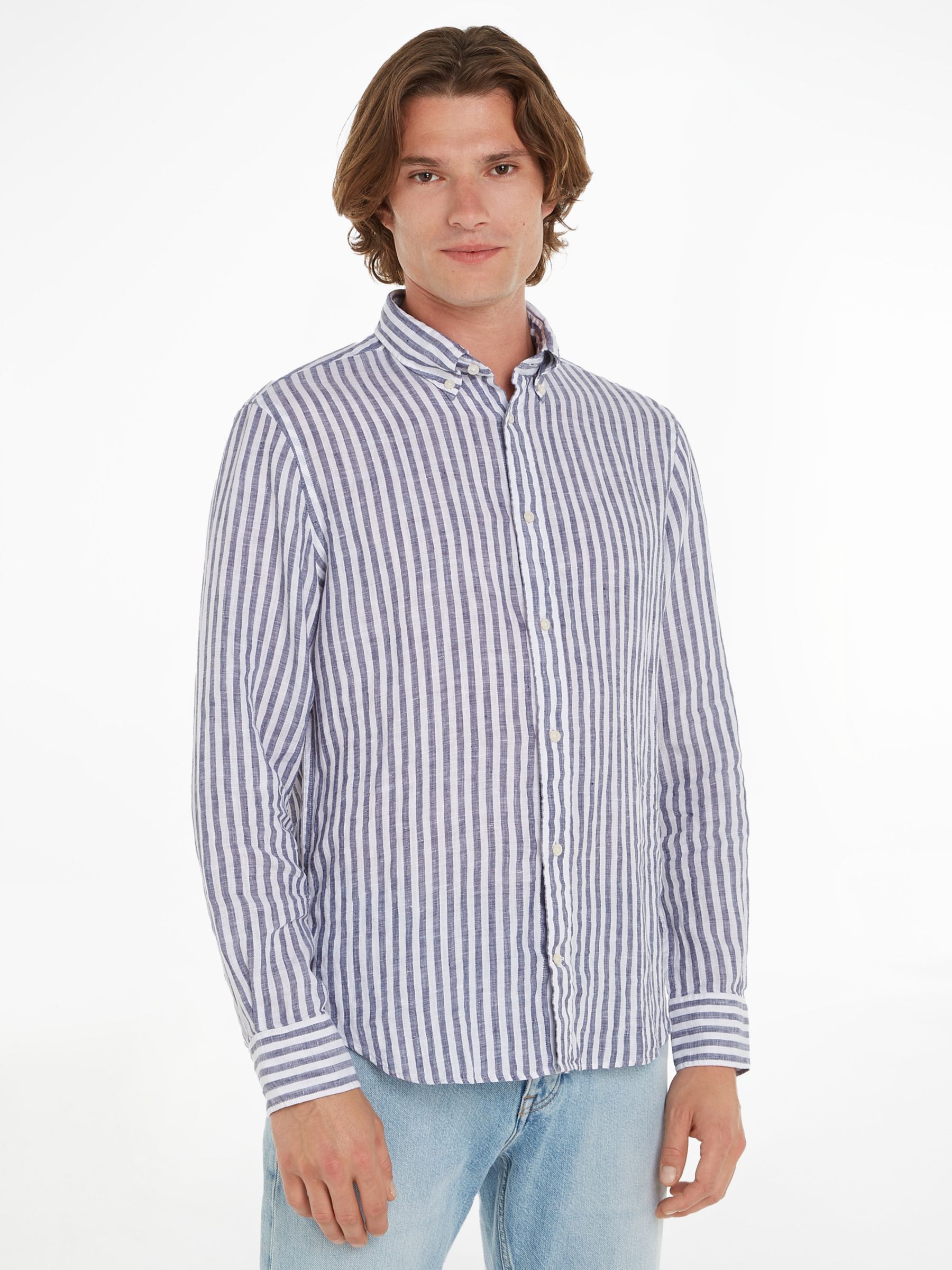 Tommy Hilfiger Linen Stripe Shirt, Dark Navy/White at John Lewis & Partners