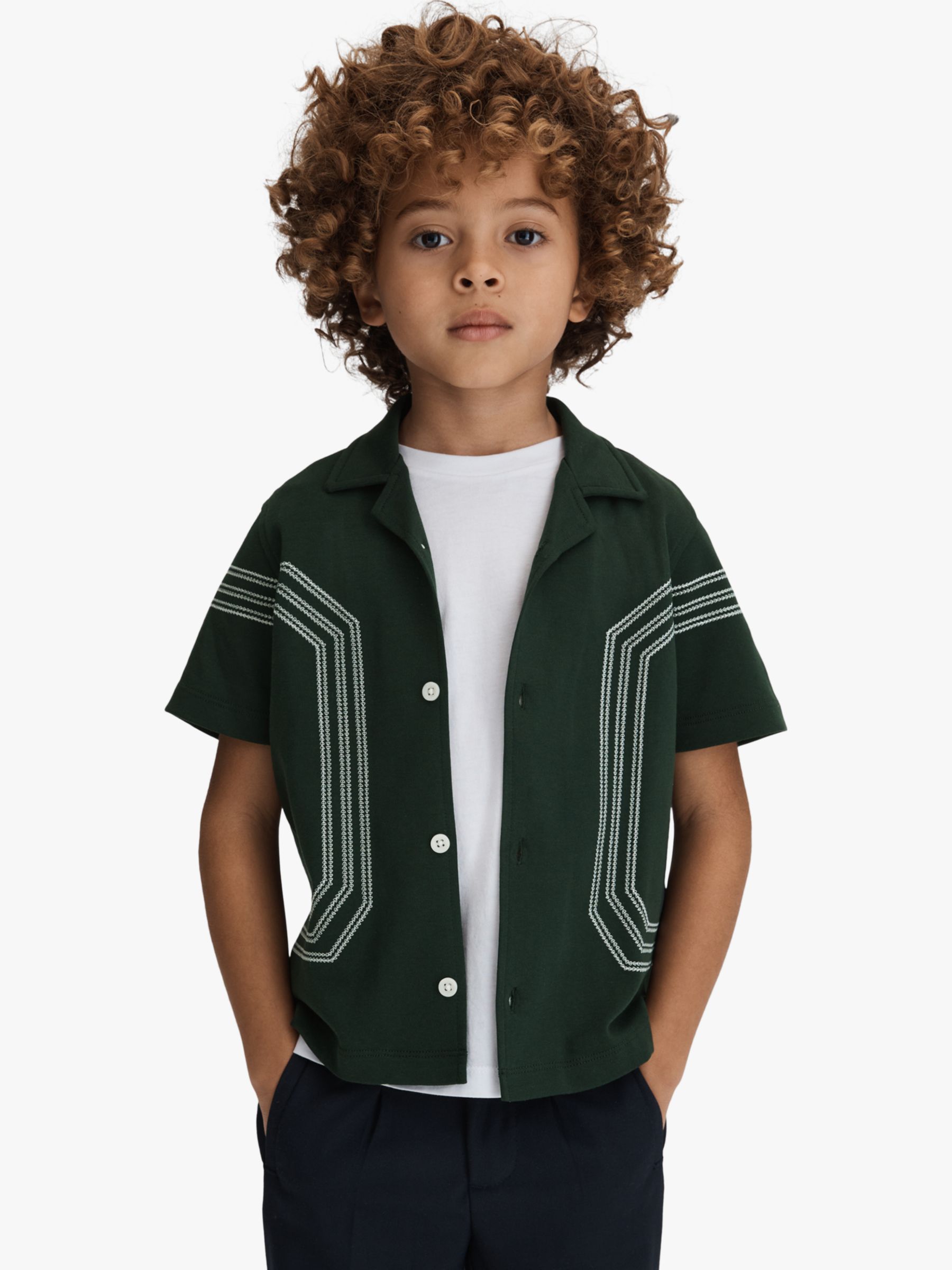 Reiss Kids' Arlington Embroidered Cuban Collar Shirt, Green, 3-4 years