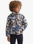 Reiss Kids' Relax Fit Sherpa Abstract Floral Zip Through Jacket, Ecru/Multi, Ecru/Multi