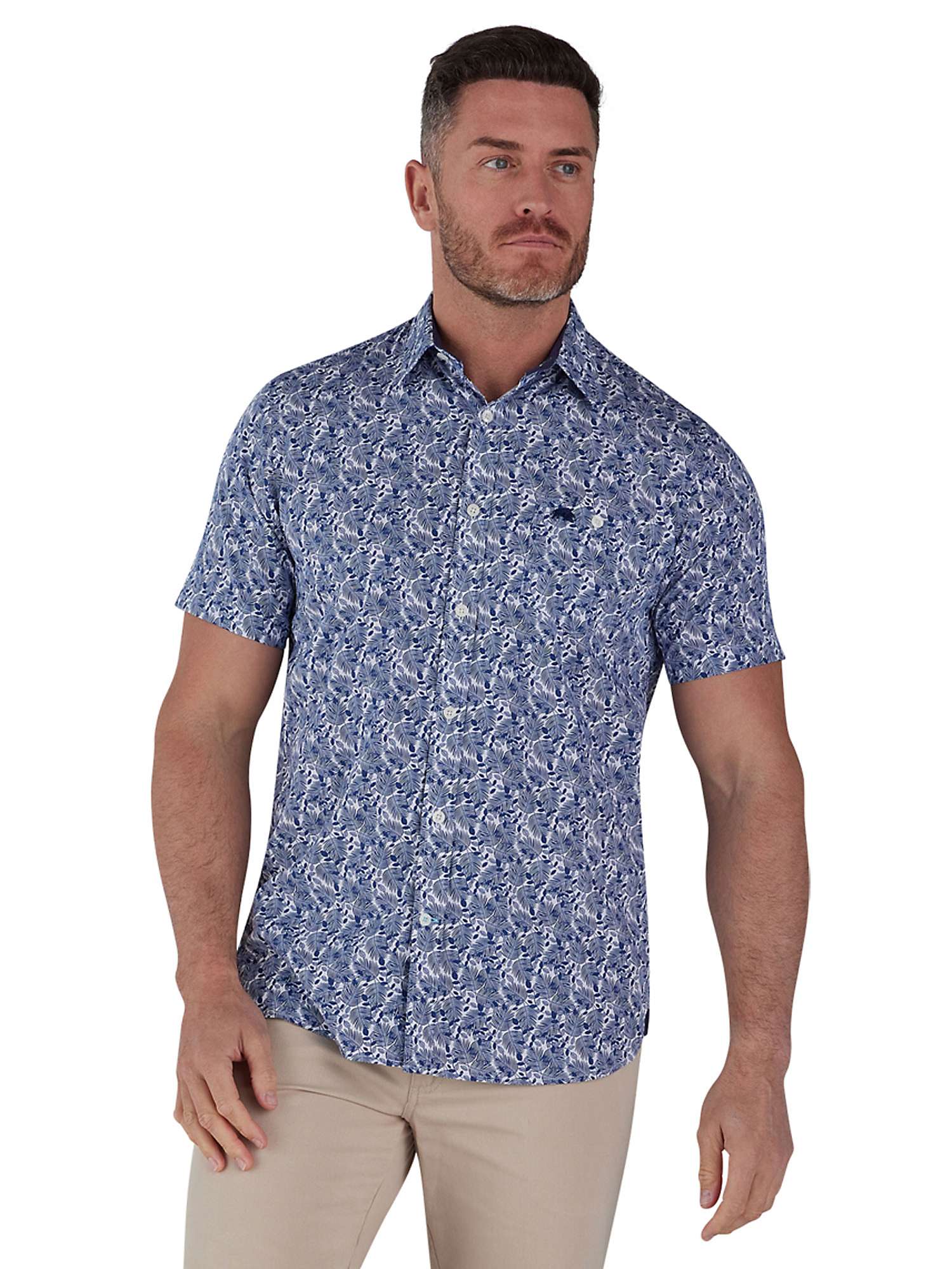 Buy Raging Bull Short Sleeve Leaf Print Poplin Shirt, Blue/White Online at johnlewis.com
