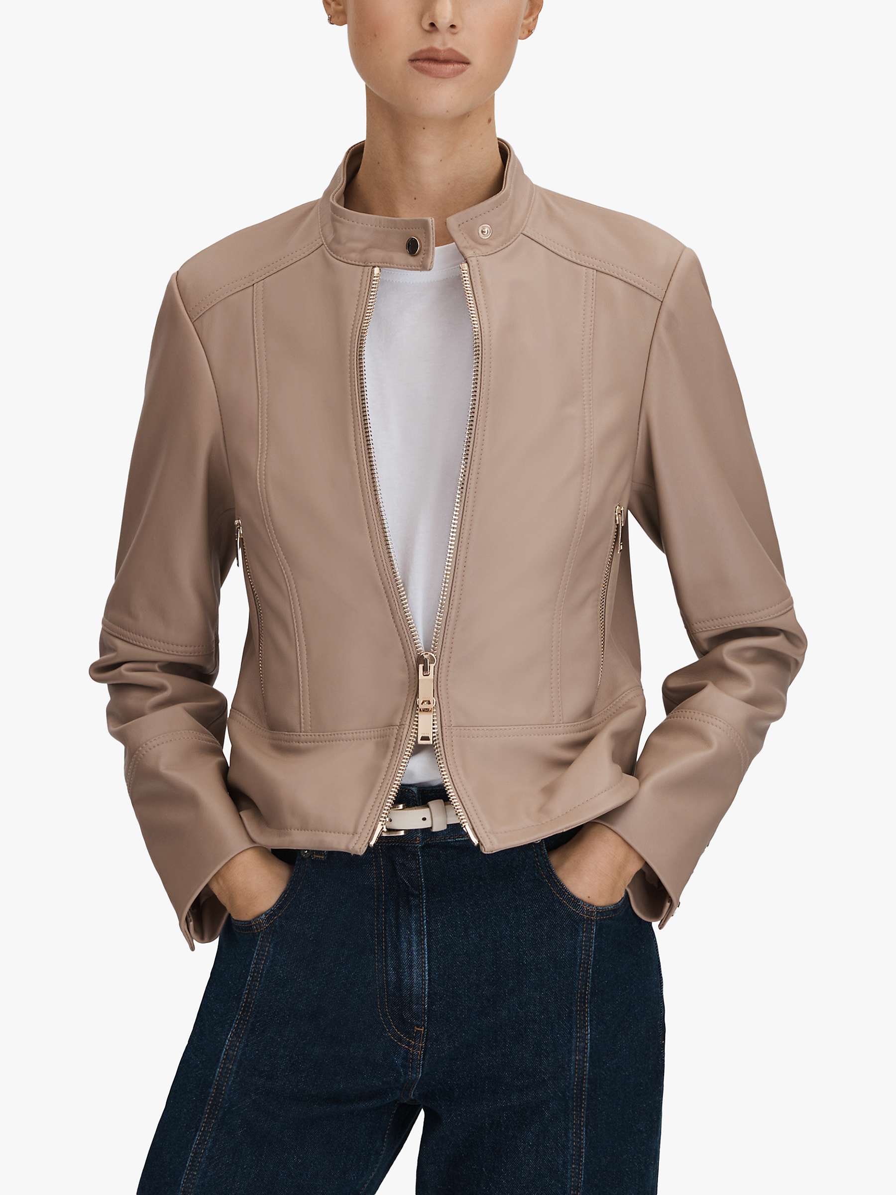 Buy Reiss Lola Leather Biker Jacket, Neutral Online at johnlewis.com