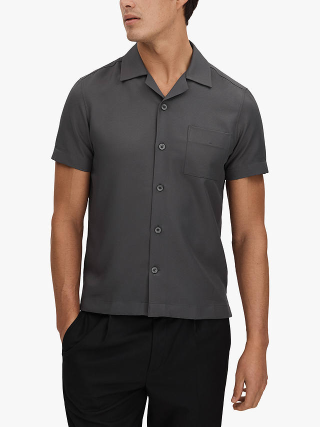 Reiss Tokyo Cuban Collar Short Sleeve Shirt, Charcoal