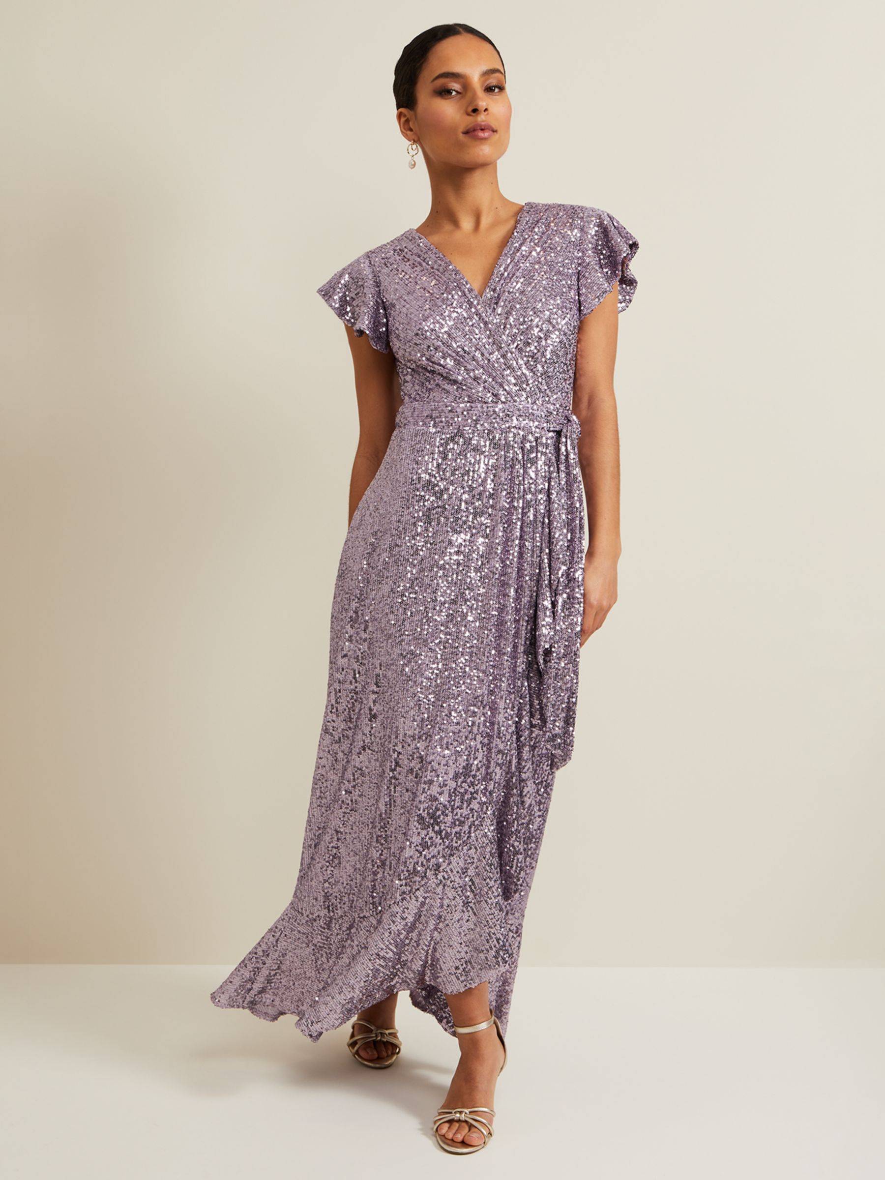Phase Eight Petite Carina Sequin Maxi Wrap Dress, Purple, 6