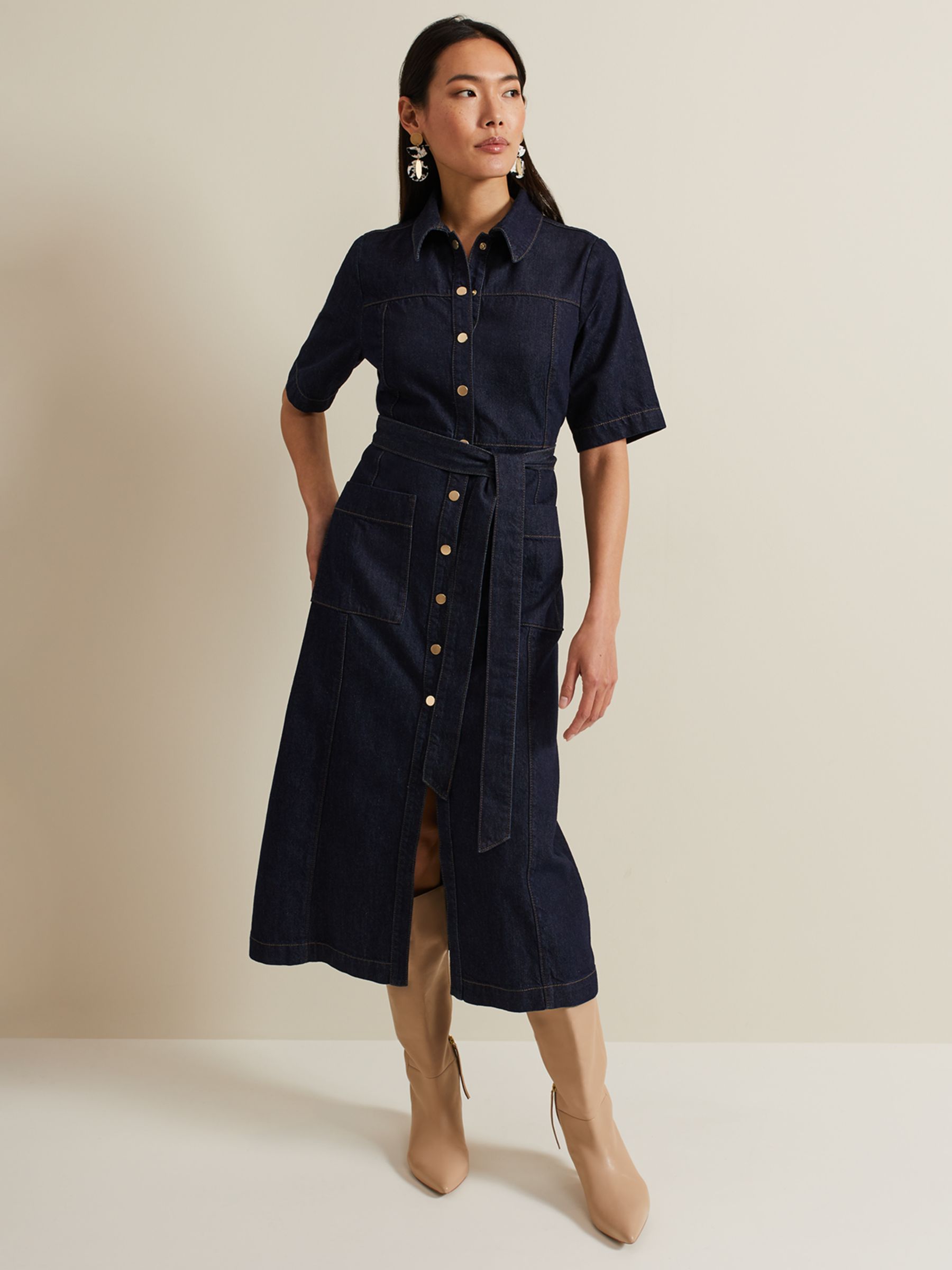Phase Eight Sonny Denim Midi Shirt Dress, Navy at John Lewis & Partners