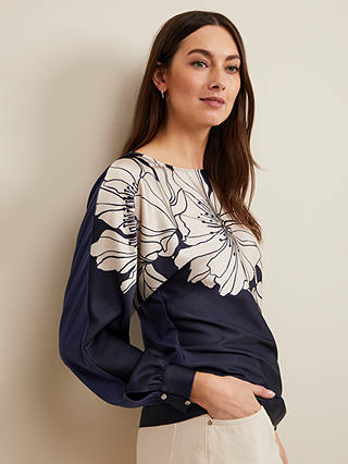 Phase Eight Alora Large Floral Print Top, Navy/Cream