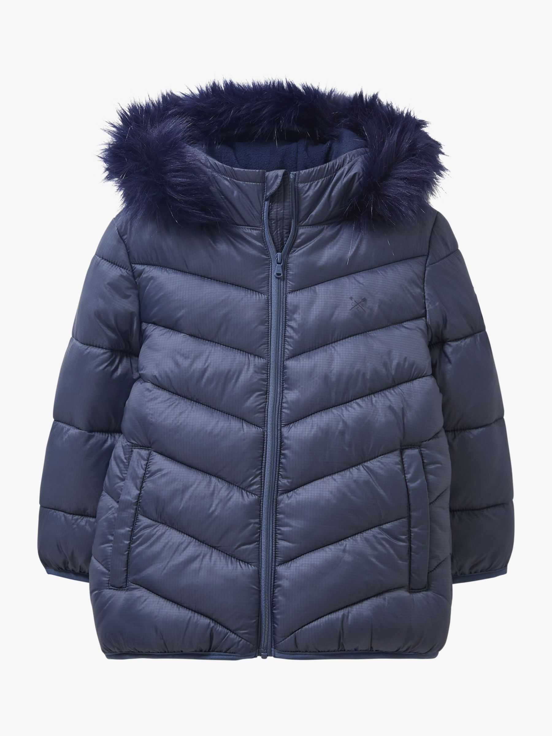 Crew Clothing Kids' Lightweight Fur Trim Hooded Quilted Jacket, Navy ...