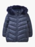 Crew Clothing Kids' Lightweight Fur Trim Hooded Quilted Jacket, Navy Blue