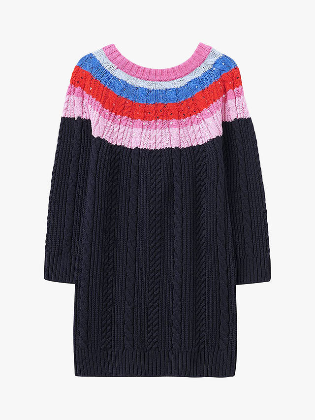 Crew Clothing Kids' Rainbow Cable Knit Long Sleeve Dress, Navy Blue/Multi
