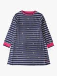 Crew Clothing Kids' Heart Print Breton Stripe Dress, Blue/Multi, Blue/Multi