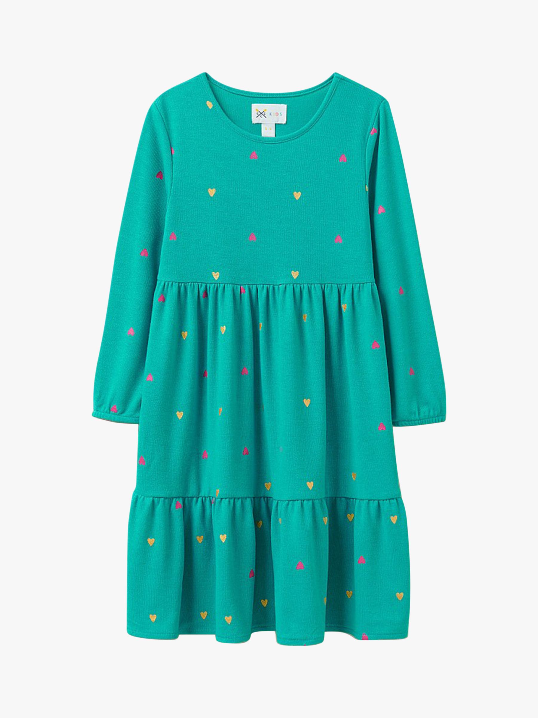 Crew Clothing Kids' Heart Print Jersey Smock Dress, Turquoise Blue