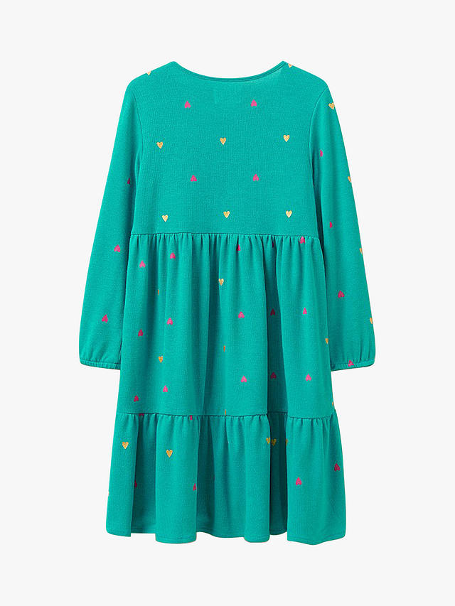 Crew Clothing Kids' Heart Print Jersey Smock Dress, Turquoise Blue