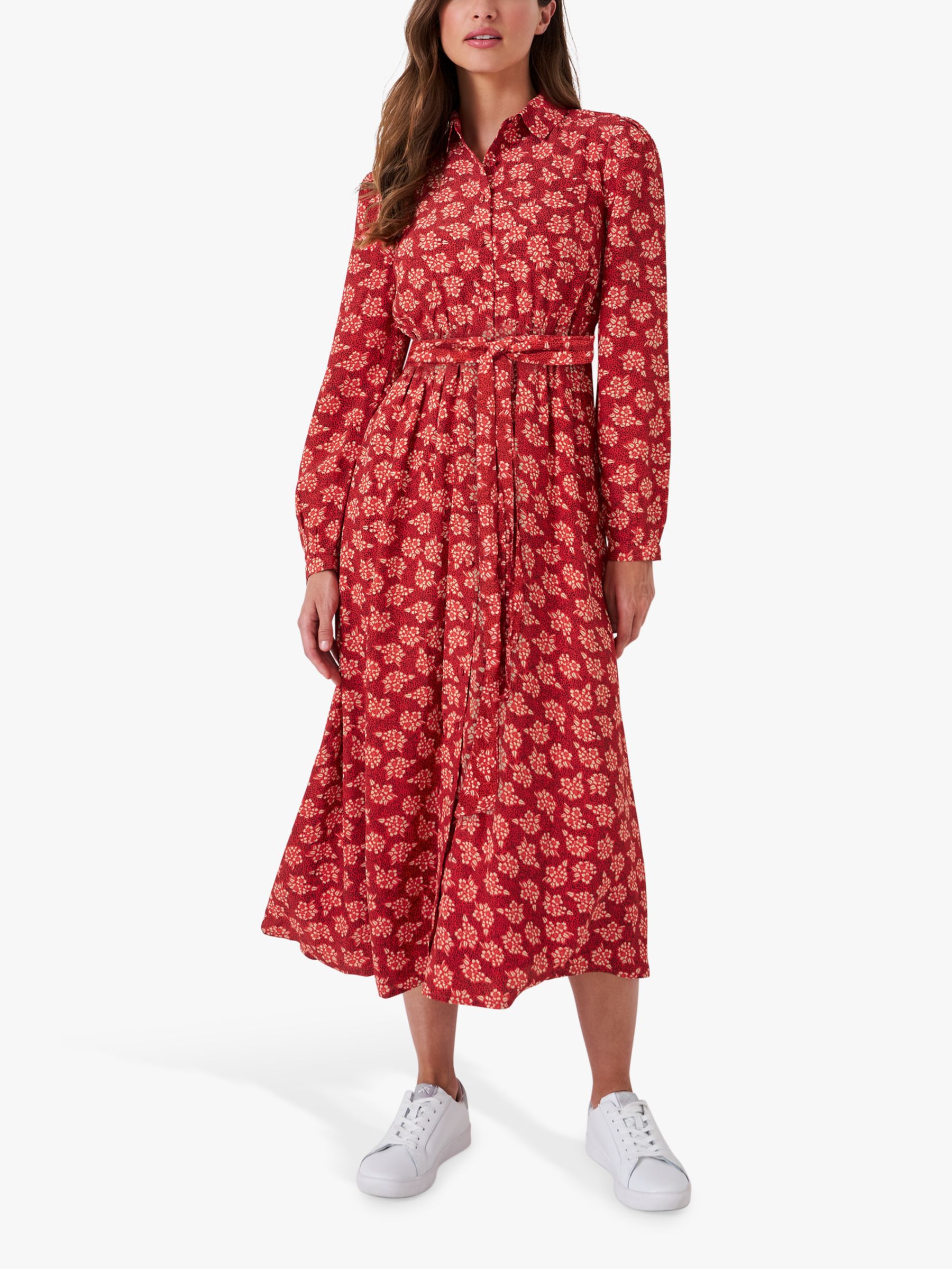 Crew Clothing Whitney Floral Print Midi Shirt Dress, Red/Multi at John ...