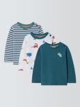 John Lewis Baby Dino Long Sleeve Cotton Top, Pack of 3, Multi