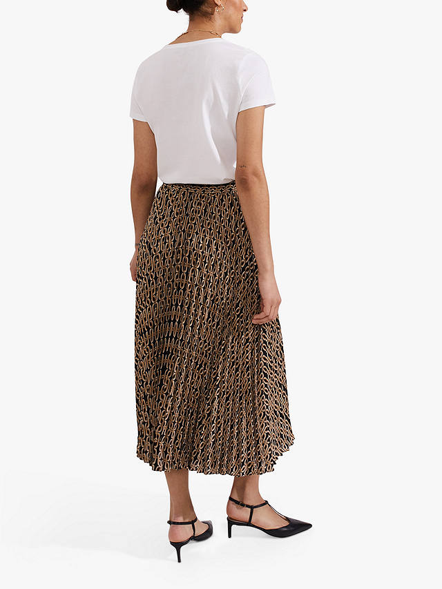 Hobbs Luciana Chain Print Pleated Midi Skirt, Black/Camel