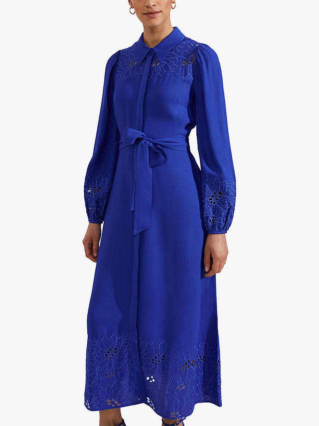 Hobbs Ada Embroidered Midi Shirt Dress, Lapis Blue