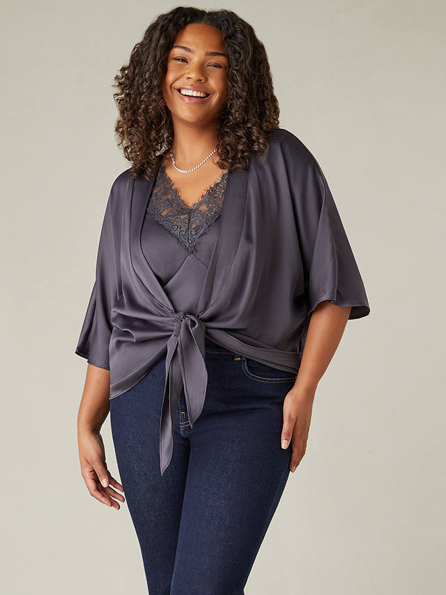 Live Unlimited Satin Tie Front Cover Up, Grey