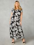 Live Unlimited Mono Leaf Print Jersey Keyhole Maxi Dress, Black