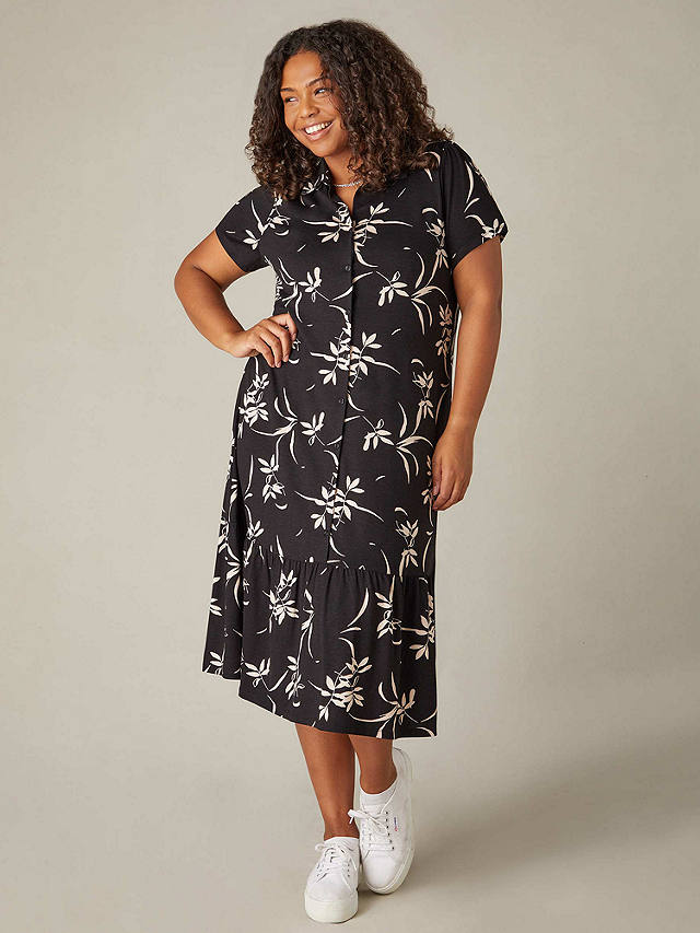 Live Unlimited Curve Floral Jersey Tiered Midaxi Shirt Dress, Black
