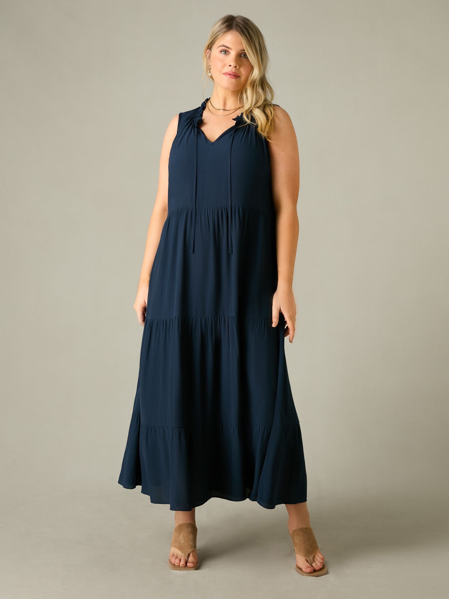 Live Unlimited Curve Ruffle Neck Tiered Maxi Dress, Navy, 22
