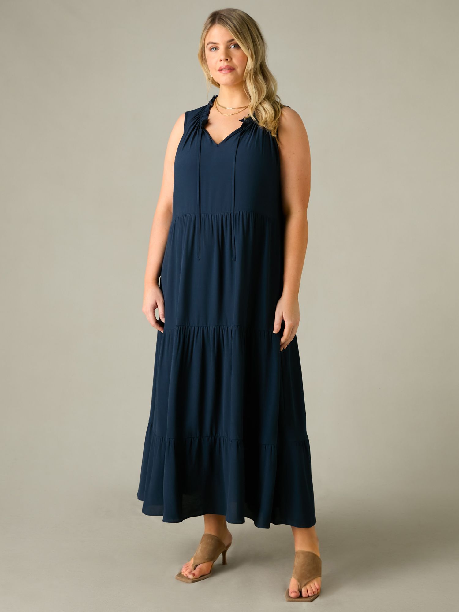 Live Unlimited Curve Ruffle Neck Tiered Maxi Dress, Navy, 22