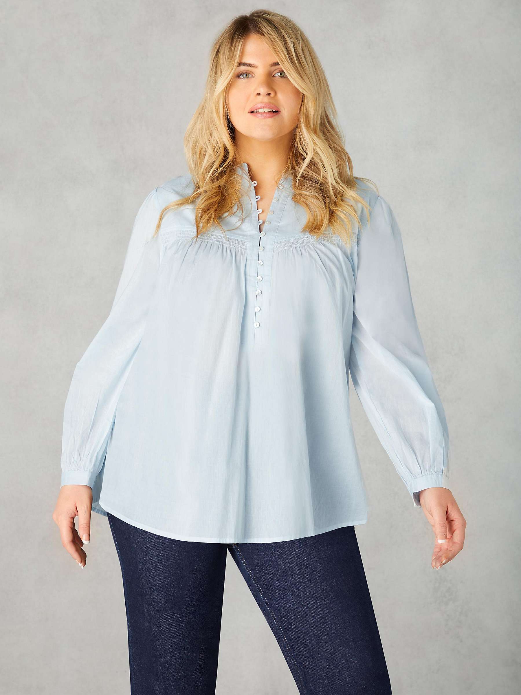 Buy Live Unlimited Curve Button Front Relaxed Cotton Blouse, Blue Online at johnlewis.com