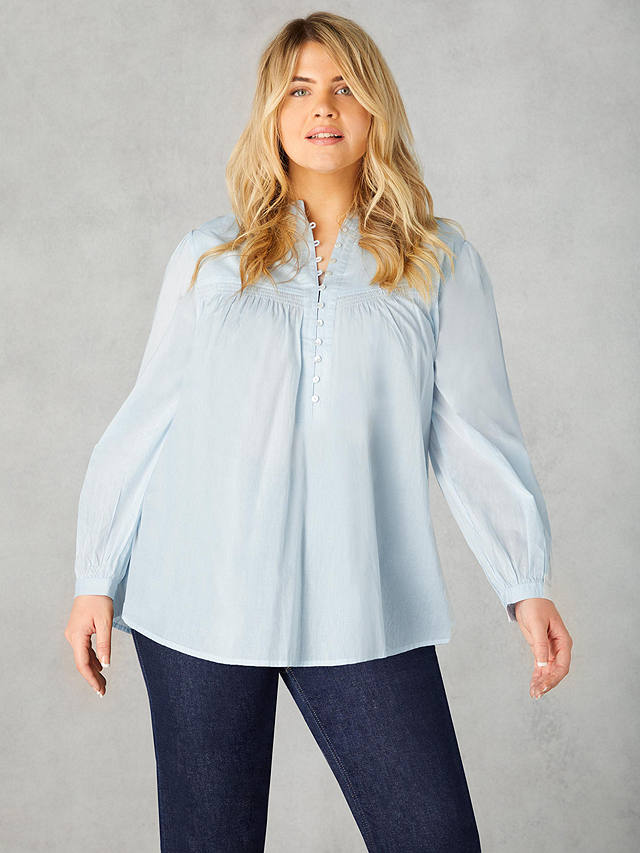 Live Unlimited Curve Button Front Relaxed Cotton Blouse, Blue