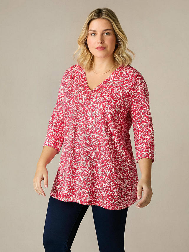 Live Unlimited Curve Leaf Print Cotton Slub Relaxed Tunic, Red