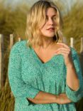 Live Unlimited Curve Ditsy Leaf Print Cotton Slub Relaxed Tunic, Green