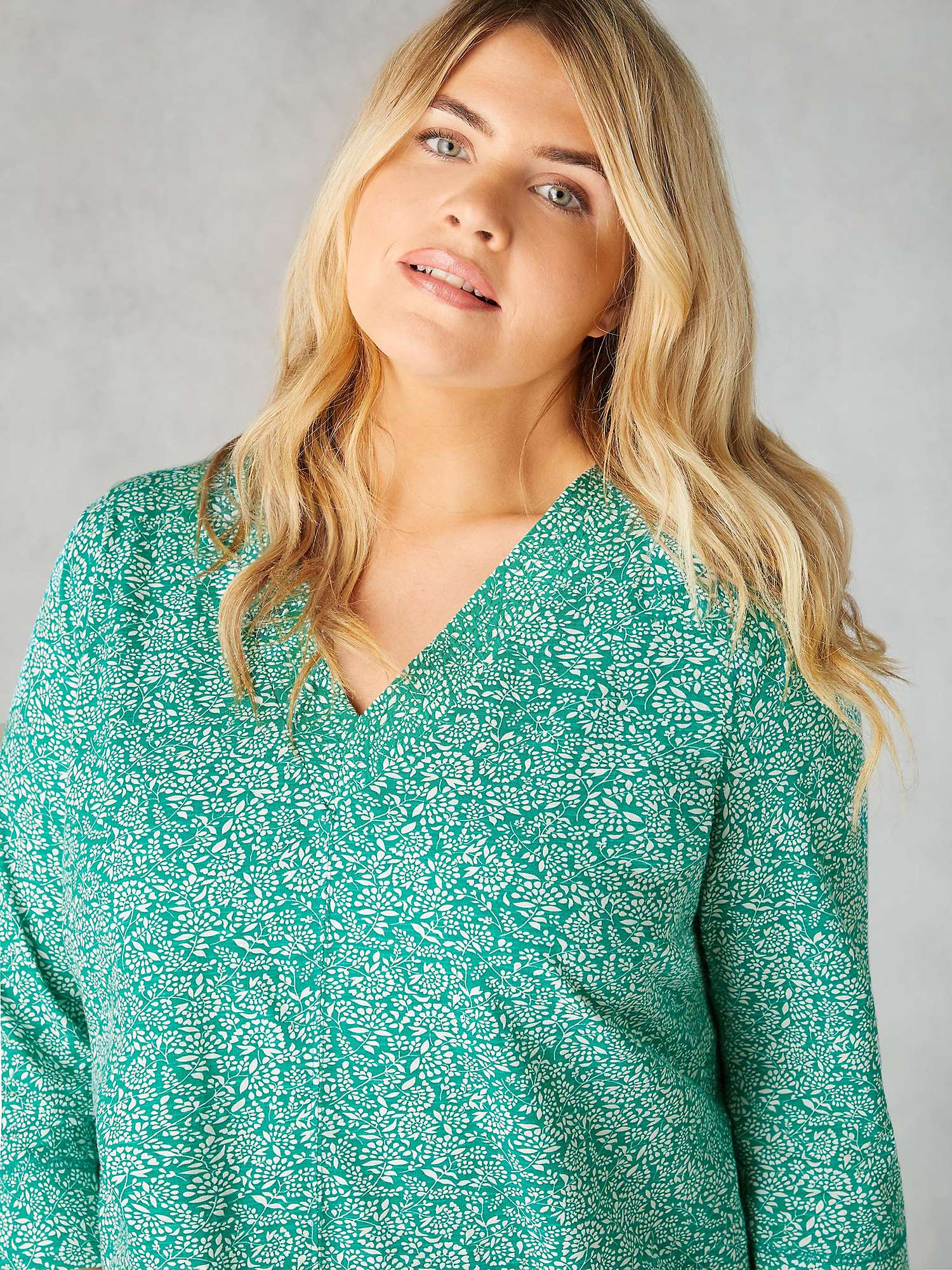 Buy Live Unlimited Curve Ditsy Leaf Print Cotton Slub Relaxed Tunic, Green Online at johnlewis.com